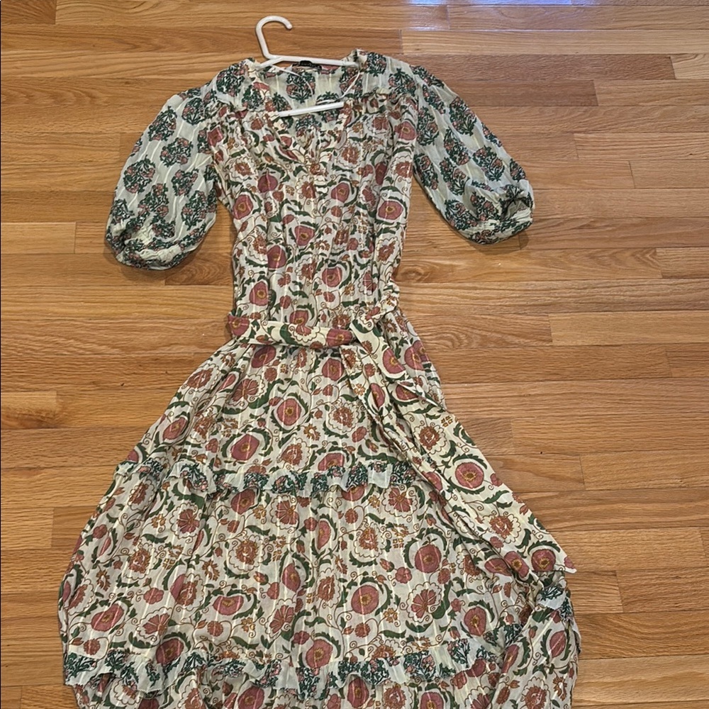 Zara Green and Pink Puff Sleeve Midi Sundress size xs